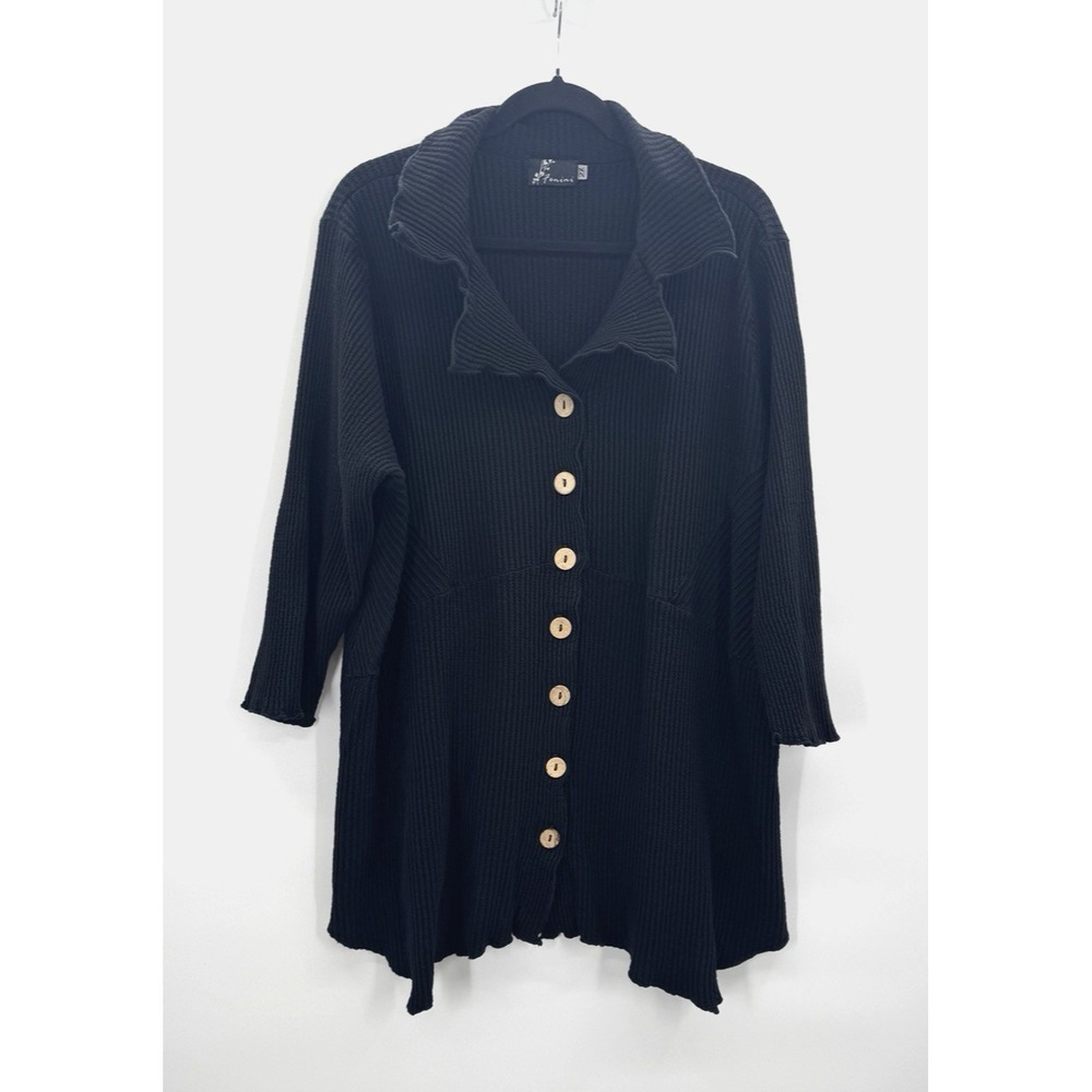 Fenini 2X Top Black Button Down Asymmetrical 3/4 Sleeve Waffle Knit Lagenlook